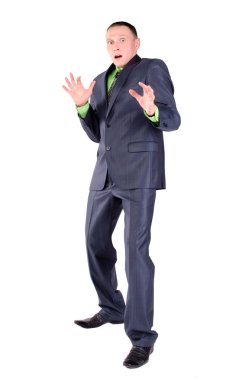 Korkmuş ya da şok işadamı beyaz arka plan izole.