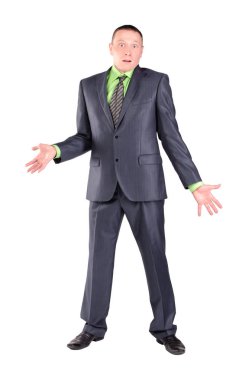 Karışık işadamı beyaz arka plan üzerinde izole soru cevap bilmiyorum. Kavram yıkmak.