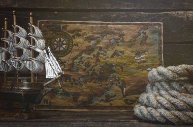 Define haritası, Yelkenli ve korsan Kaptan tablo arka plan üzerinde ip demirleme.