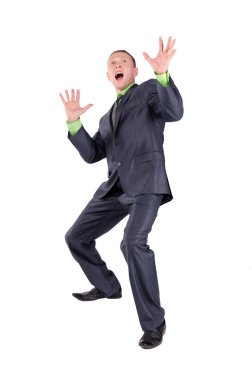 Korkmuş ya da şok işadamı beyaz arka plan izole.