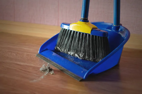 Dust on a house floor and floor brush with dustpan background. Home cleaning concept.