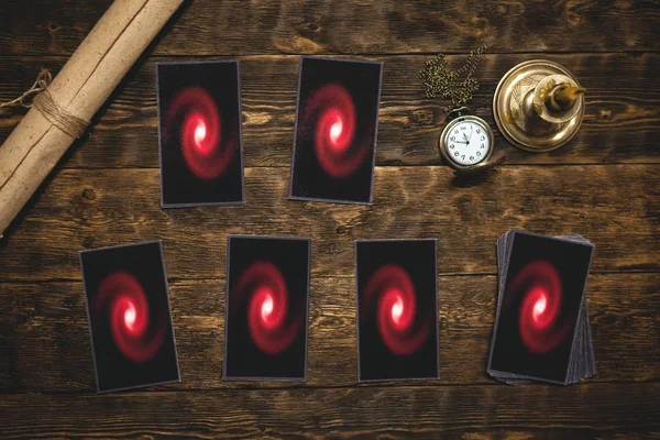 Tarotkort Fortune Teller Tabell Bakgrunden Framtida Läsning Koncept — Stockfoto