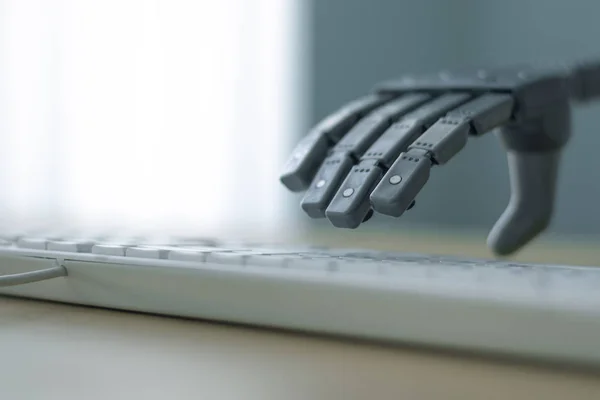 Robot Artificial Intelligence Working Computer Robotic Arm Pushing Keys Computer — Stock Photo, Image