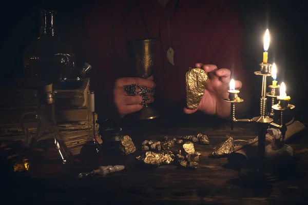 Alchemist Working His Magic Table Producing Gold Stones — Stock Photo, Image