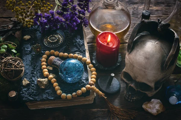 Spell Book Magic Potions Other Various Witchcraft Accessories Wizard Table — Stock Photo, Image