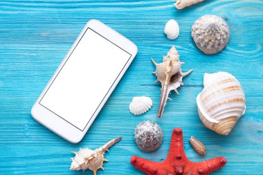 Yaz deniz tatil kavramı ile arka plan kopya alanı. Boş ekran cep telefonu ve çeşitli deniz kabuklarını ve mavi ahşap zemin arka plan üzerinde kırmızı bir deniz yıldızı.