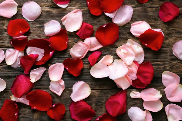 Heap Fallen Rose Flower Petals Wooden Floor Background — Stock Photo, Image
