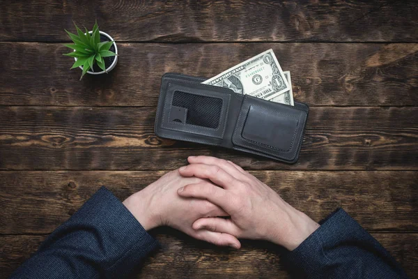 Business Man Holding Hands Empty Wallet Few Dollars Tight Money — Stock Photo, Image