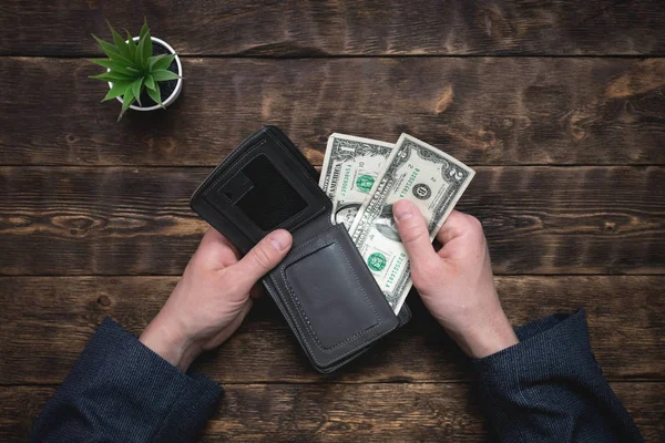 Business Man Holding Hands Empty Wallet Few Dollars Tight Money — Stock Photo, Image