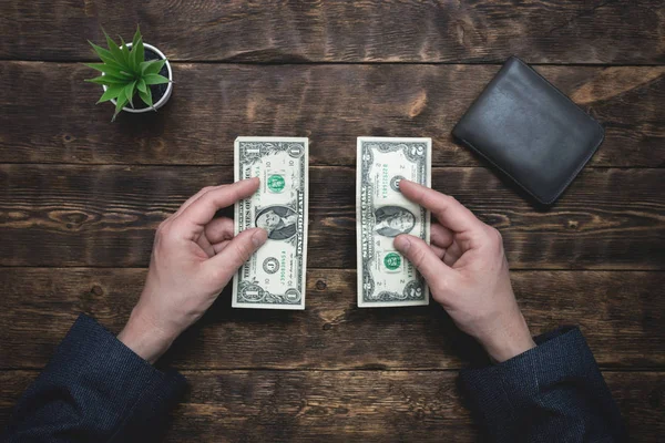 Business Man Holding Hands Empty Wallet Few Dollars Tight Money — Stock Photo, Image