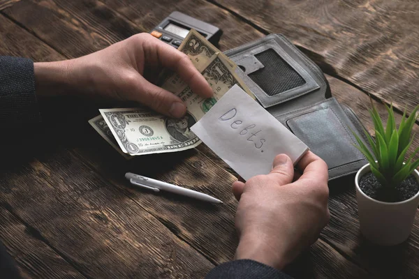 Business Man Counting His Last Dollars Empty Wallet Tight Money — Stock Photo, Image