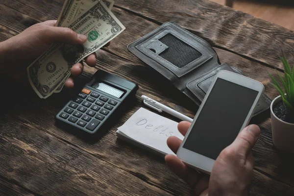 Business Man Counting His Last Cash Empty Wallet Tight Money — Stock Photo, Image