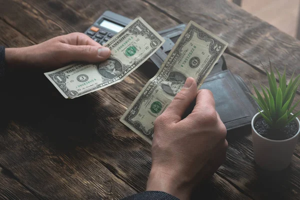 Business Man Counting His Last Dollars Empty Wallet Tight Money — Stock Photo, Image