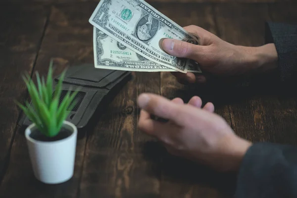 Business Man Holding Hands Empty Wallet Few Dollars Tight Money — Stock Photo, Image