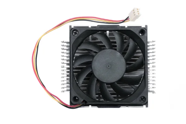 A black CPU fan on a radiator background.