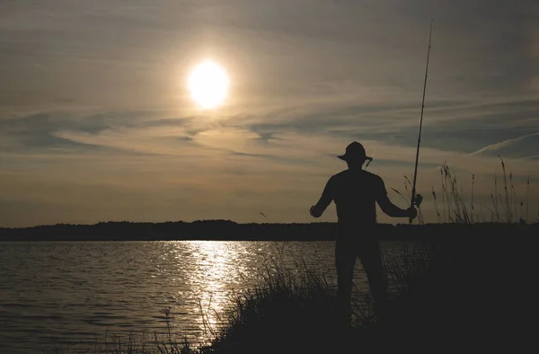 Fisherman Silhouette Rod Pond — Stock Photo, Image