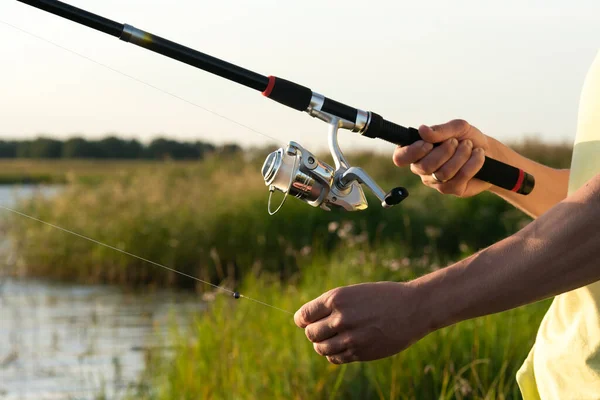Fishing Rod Reel Hands Close Fishing — Stock Photo, Image