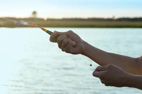 Fisherman Rod Hands Adjusting Depth Fishing Float — Stock Photo, Image