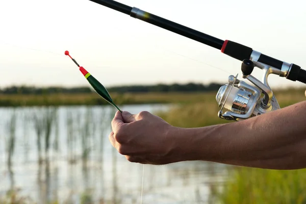 Fisherman Rod Hands Adjusting Depth Fishing Float — Stock Photo, Image