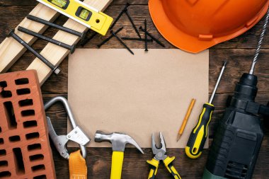 Liste modelini düzelt. İnşaat ipuçları ya da ev projesi belge şablonu. Kopya alanı olan inşa kavramı arkaplanı.