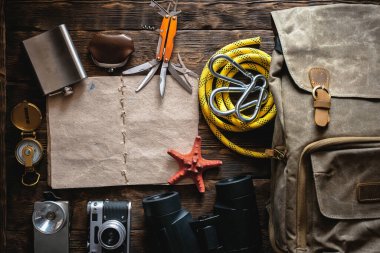 Maceracı ya da turist haritası. Gezginlerin günlüğü. Liste şablonu için kaşif. Tahta masa arkasında seyahat ve macera aksesuarları. 