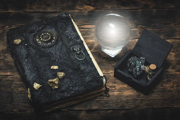 Crystal Ball Magic Book Wizard Table Background — Stock Photo, Image