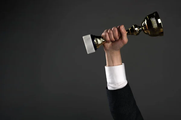Businessman Golden Cup Award Trophy Hand First Place Concept Background — Stock Photo, Image