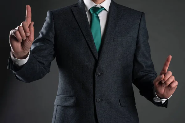 Businessman Showing His Index Finger Gray Background Attention Please Business — Stock Photo, Image