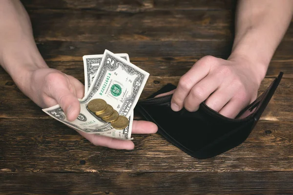 Man Hands Empty Wallet Few Dollars Tight Money Lack Money — Stock Photo, Image