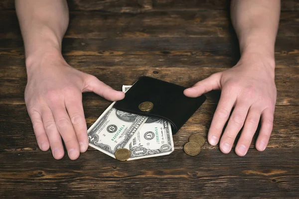 Man Hands Empty Wallet Few Dollars Tight Money Lack Money — Stock Photo, Image