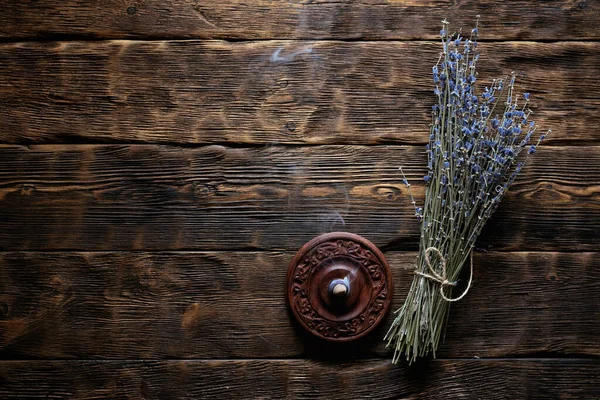 Dried Lavender Flower Branch Wooden Table Background Copy Space Herbal — Stock Photo, Image
