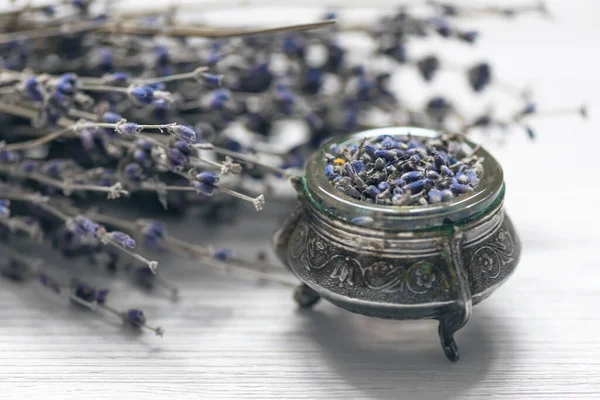 Dried Lavender Flower Branch Wooden Table Background Herbal Medicine Concept — Stock Photo, Image