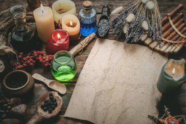 Sihirbazın arkaplanında kopya alanı olan eski boş sihirli parşömen.