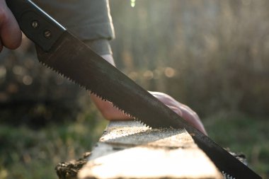 Adam arka bahçede bir el testeresiyle çalışıyor..