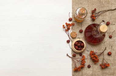 Bitkisel ilaçlar. Alternatif tıp konsepti. Kuru organik bileşenler. Fotokopi alanı olan beyaz arka planda yabanmersini ve tıbbi tentürler.