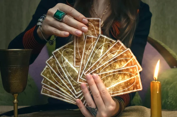 Tarot Cards Fortune Teller Desk Table Future Reading Woman Fortune Stock Image