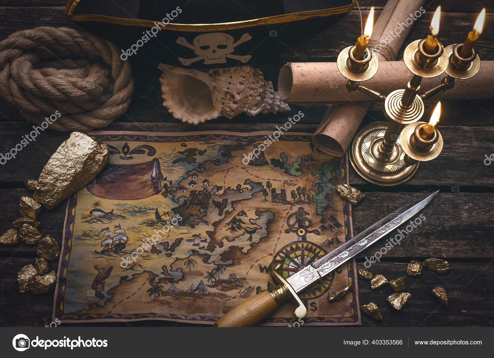 Pirate Treasure Map Gold Nuggets Dagger Pirate Hat Aged Wooden Stock Photo Image By C Ndefender