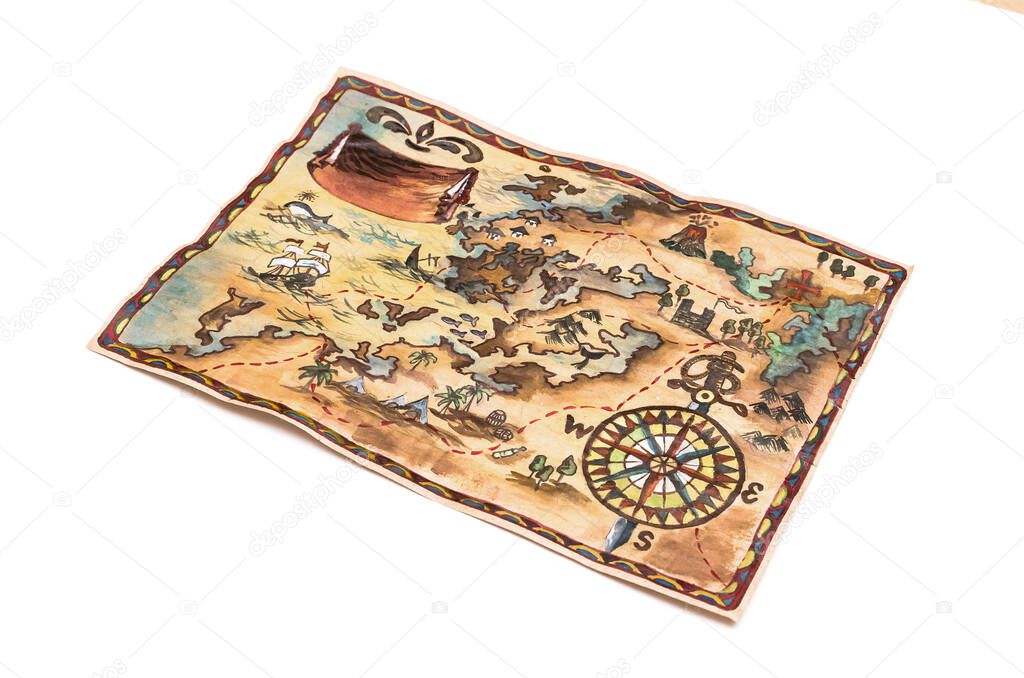 Treasure map manually drawn by watercolor isolated on white background.