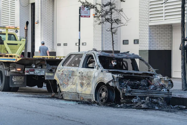 Chicago Illinois Maj 2019 Polisbil Totalbränd Gatan Efter Rättvisemarsch Centrala — Stockfoto