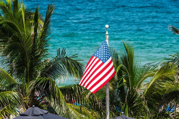 ヤシの木や海の背景に手を振るアメリカ国旗 — ストック写真