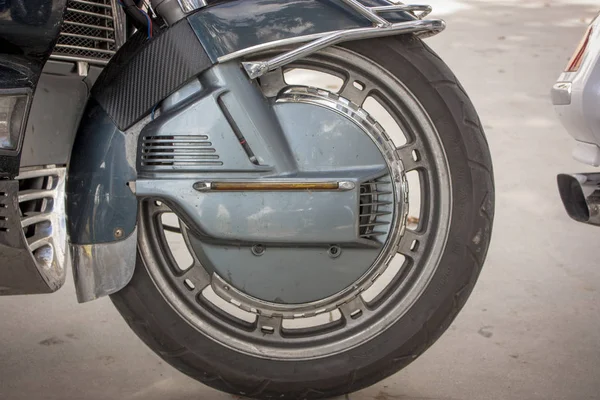 Detalj Ett Framhjul Väg Cykel Eller Resa Med Road Däck — Stockfoto
