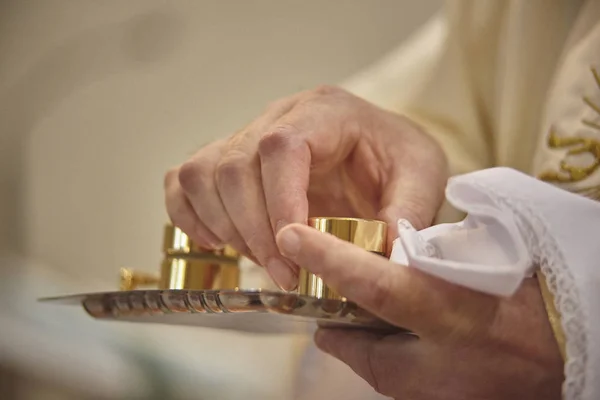 Priest Hands Holding Containers Chromium Scars Catechumens Rite Baptism — Stock Photo, Image
