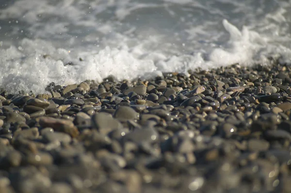 海浪吹过在法国尼斯海滩的岩石 让水溅进空气 — 图库照片