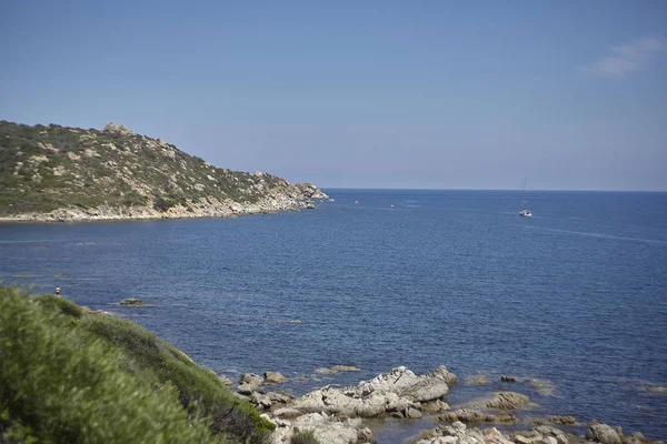View Mediterranean Sea Surrounded Indented Coastline Rich Vegetation South Sardinia — Stock Photo, Image