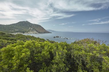 Sardunya 'nın güney kıyılarına bir göz atalım. Arka planda yeşil tepeler bulunan mavi ve kirlenmemiş denize bakan yeşil çalılar zengin..