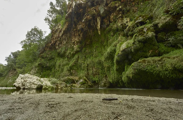Pohled Dna Přírodního Odvodňovacího Kamene Stiddiosa Skalnatá Stěna Pokrytá Vegetací — Stock fotografie