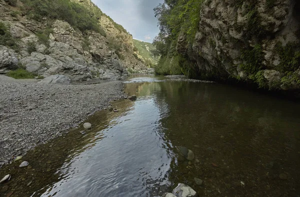 Kis Kavicsos Strand Egyesül Egy Patak Hegyekben Egy Tipikus Panoráma — Stock Fotó