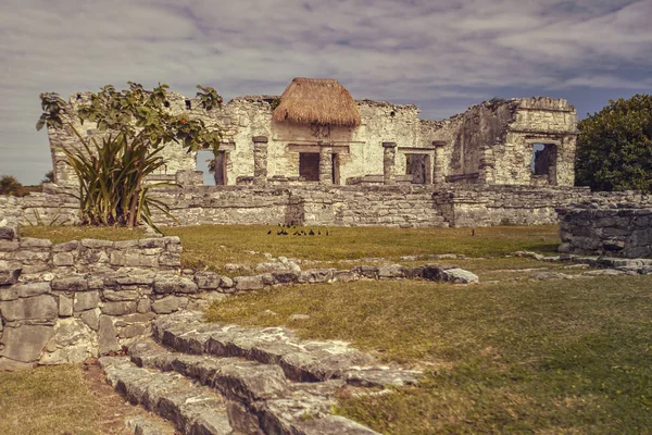 Gün Batımında Meksika Daki Tulum Kompleksindeki Küçük Bir Maya Tapınağının — Stok fotoğraf