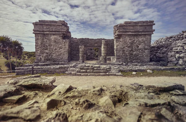 Részlet Oszlopok Minden Épület Egy Maja Templom Tulum Komplexum Mexikóban — Stock Fotó