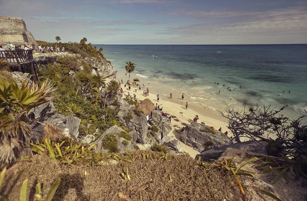View Beach Tulum Ruins Mexico Full People Beach Taken Sunset — Stock Photo, Image
